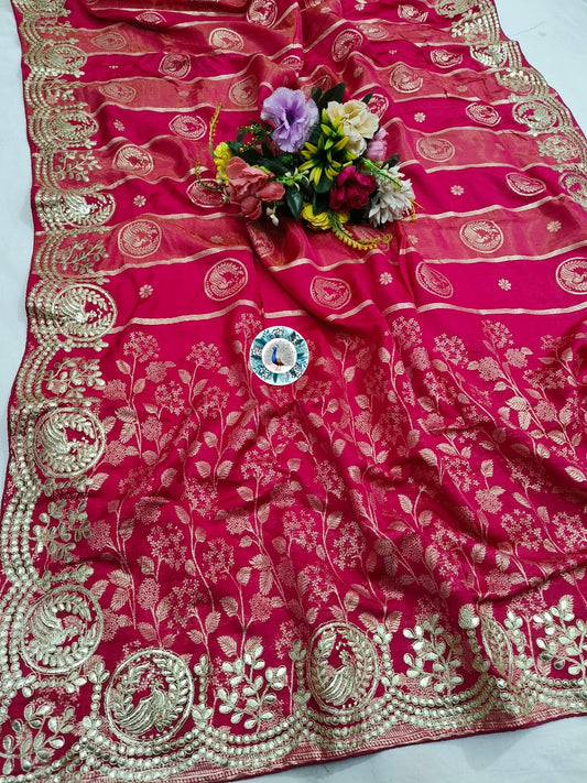 Russian Silk Saree with C Pallu Gotta Foil Work & Woven Zari