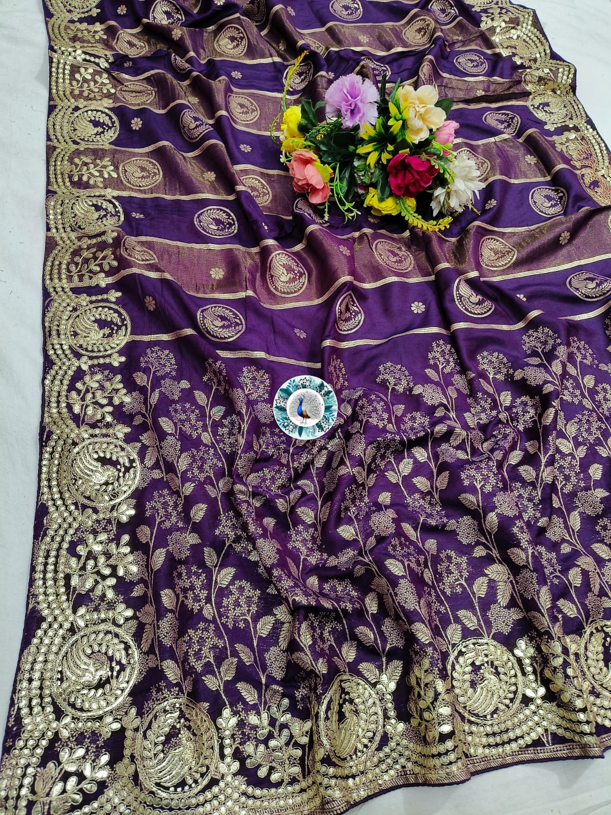 Russian Silk Saree with C Pallu Gotta Foil Work & Woven Zari