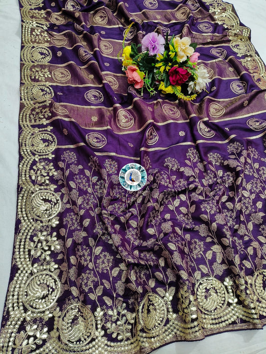 Russian Silk Saree with C Pallu Gotta Foil Work & Woven Zari