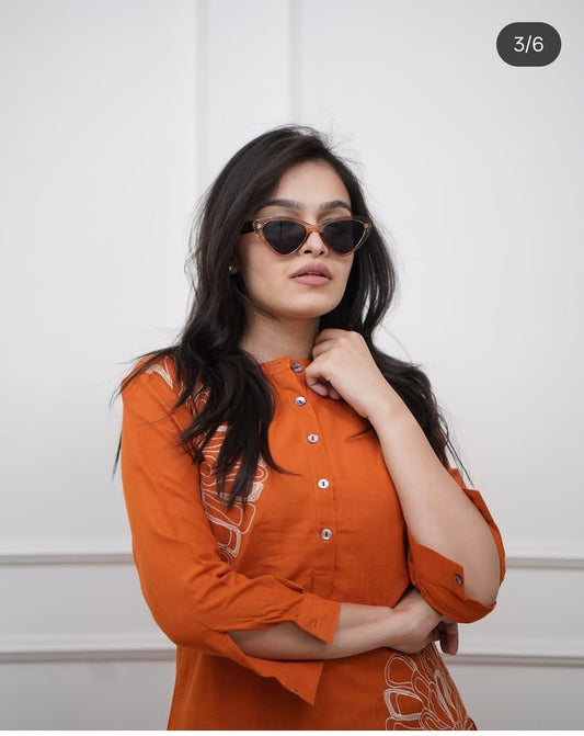 Rust Embroidered Cotton Kurti Pant Set with 3/4 Sleeves