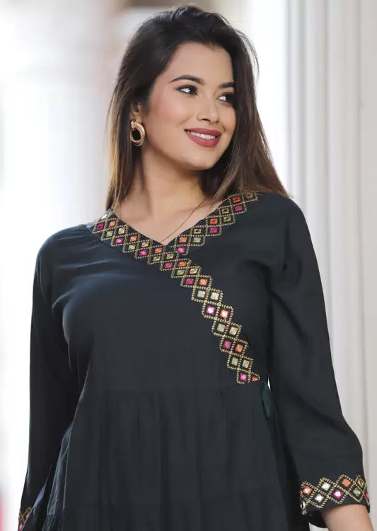 Bottle Green Rayon Top with Embroidery Work