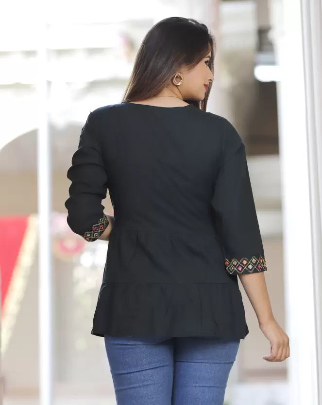 Bottle Green Rayon Top with Embroidery Work