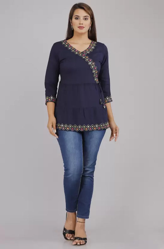 Blue Rayon Top with Embroidery