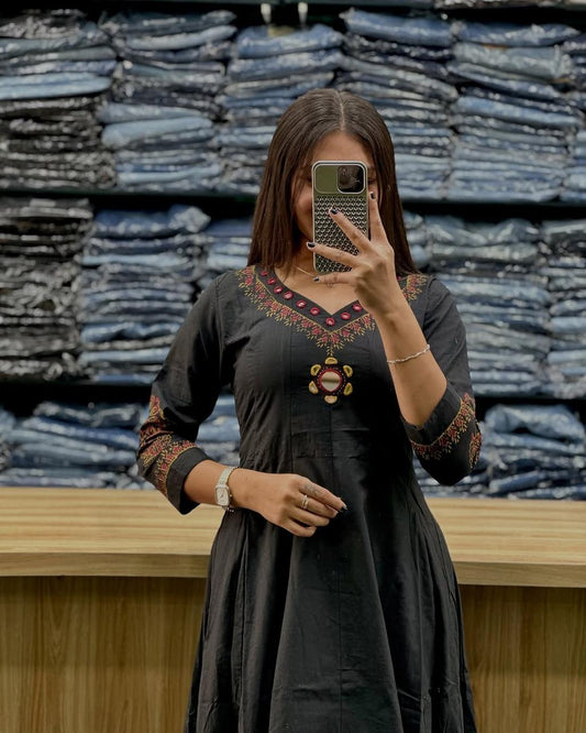 Sanganeri Buta Print Flared Anarkali Kurta Set - Cotton with Adda Work