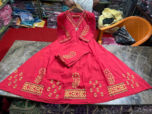 Sanganeri Buta Print Flared Anarkali Kurta Set - Cotton with Adda Work