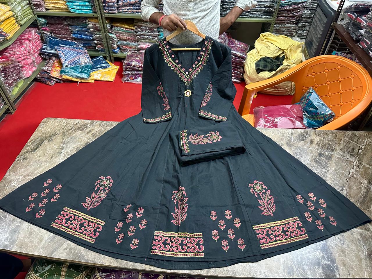 Sanganeri Buta Print Flared Anarkali Kurta Set - Cotton with Adda Work