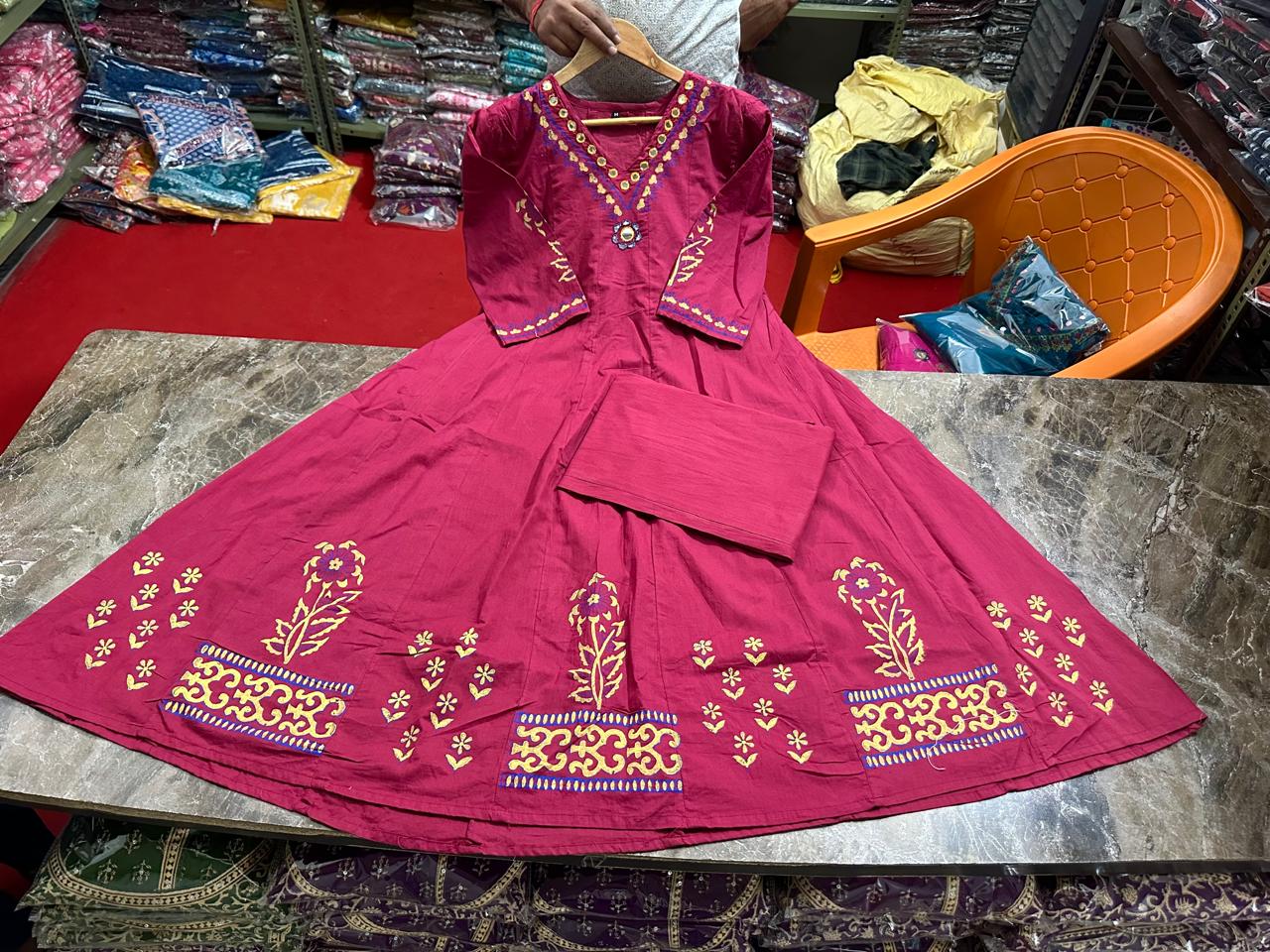 Sanganeri Buta Print Flared Anarkali Kurta Set - Cotton with Adda Work