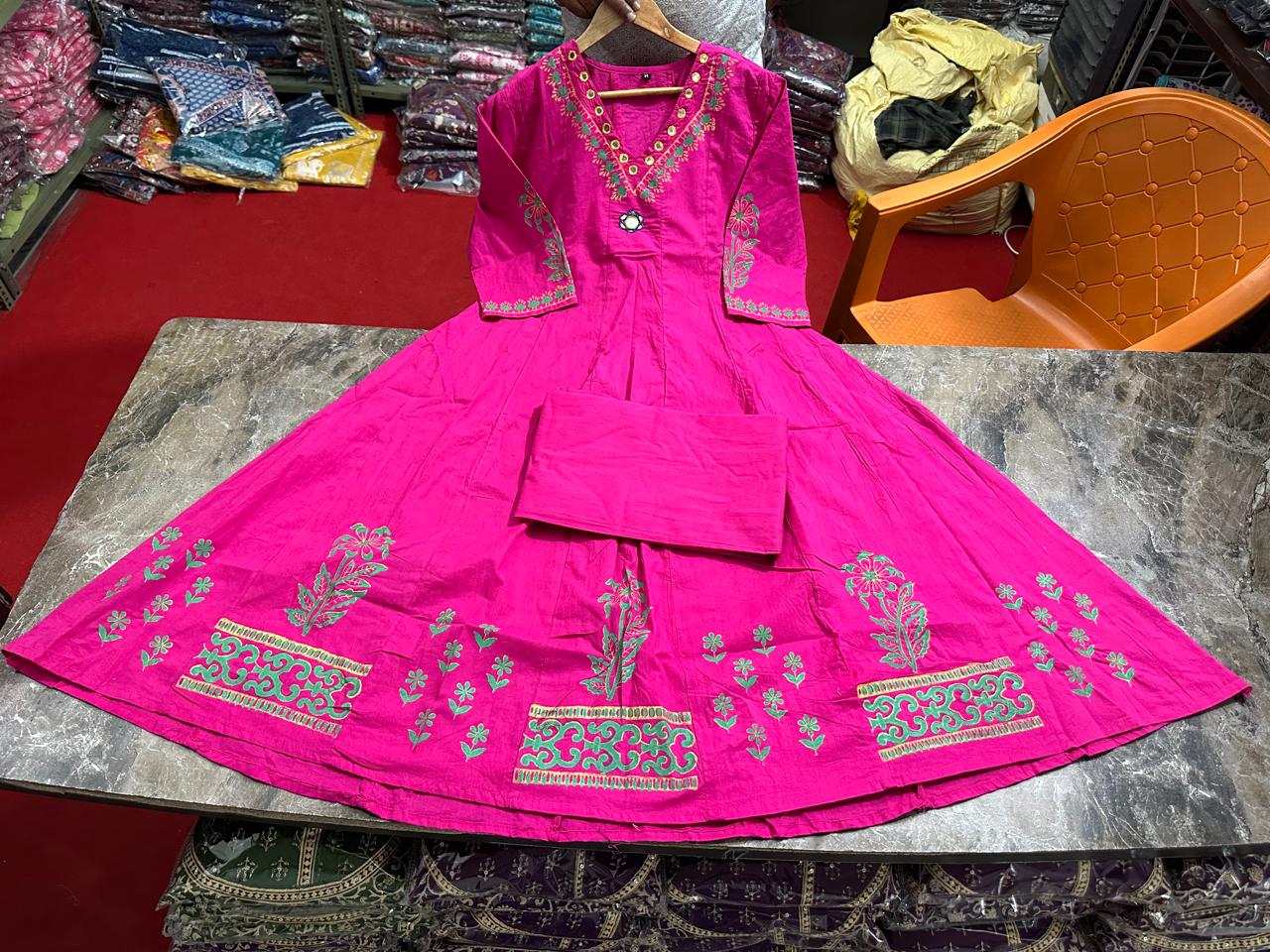 Sanganeri Buta Print Flared Anarkali Kurta Set - Cotton with Adda Work