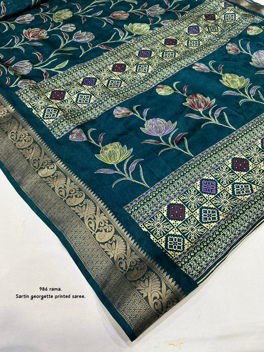 Satin Georgette Kashmiri Print Saree with Zari Pattu Border