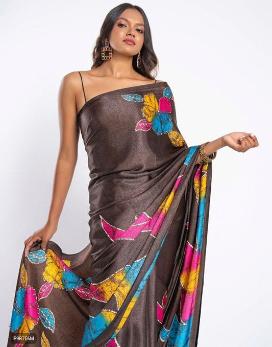 Satin Silk Saree with Digital Print Blouse Piece