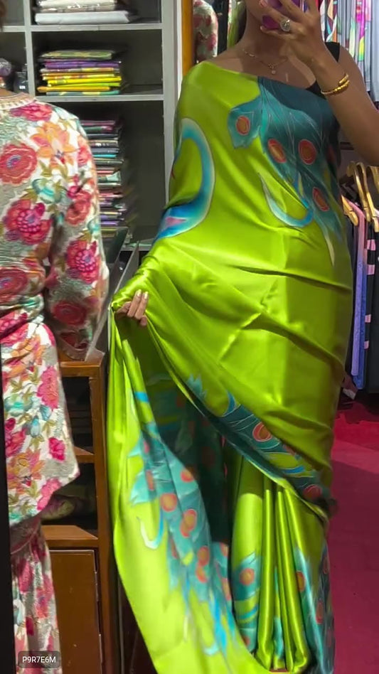 Satin Silk Saree with Digital Print Blouse Piece