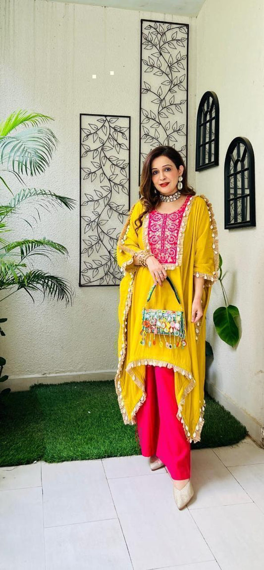 Sequence Embroidered Rayon Silk Kaftan & Pant Set