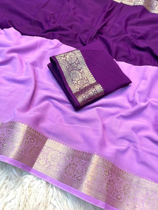 Shaded Chiffon Saree with Jacquard Border & Contrast Blouse