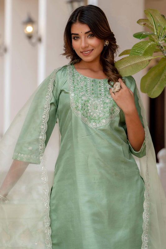 Silk Blend Embroidered Kurta Set with Silk Dupatta