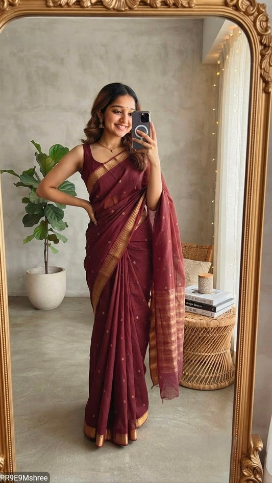 Silk Crape Gold Polka Dots Butta Saree with Temple Border