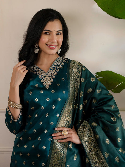 Silk Embroidered Kurta Pant Dupatta Set with Banarasi Jacquard Dupatta