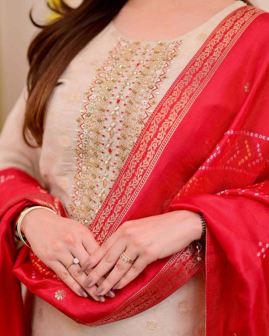 Silk Jacquard Weaving Kurti Pant Dupatta Set with Embroidered Neck