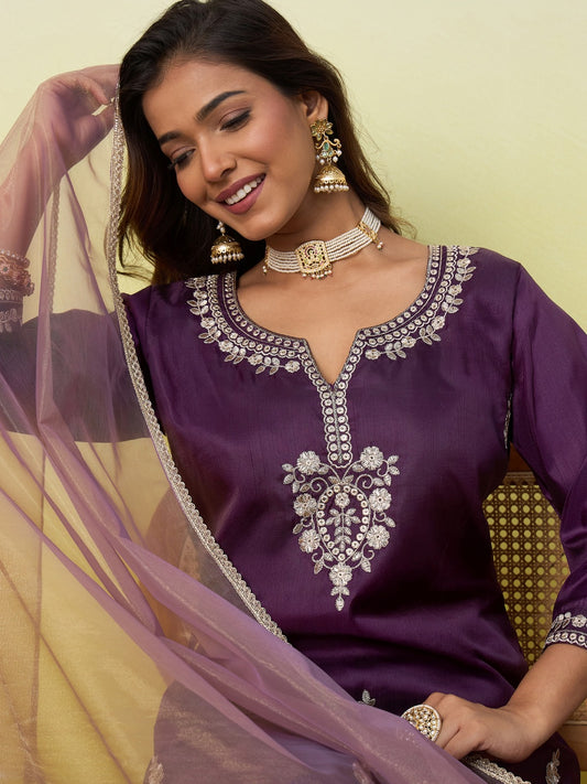 Silk Straight Kurta Pant Dupatta Set with Zari Thread Embroidery Work