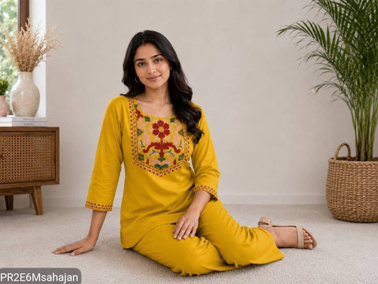 Slub Cotton Embroidered Kurta Pant Set for Women