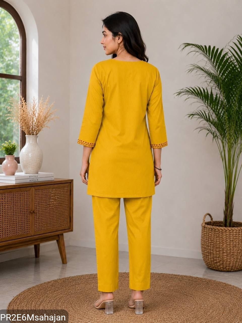 Slub Cotton Embroidered Kurta Pant Set for Women