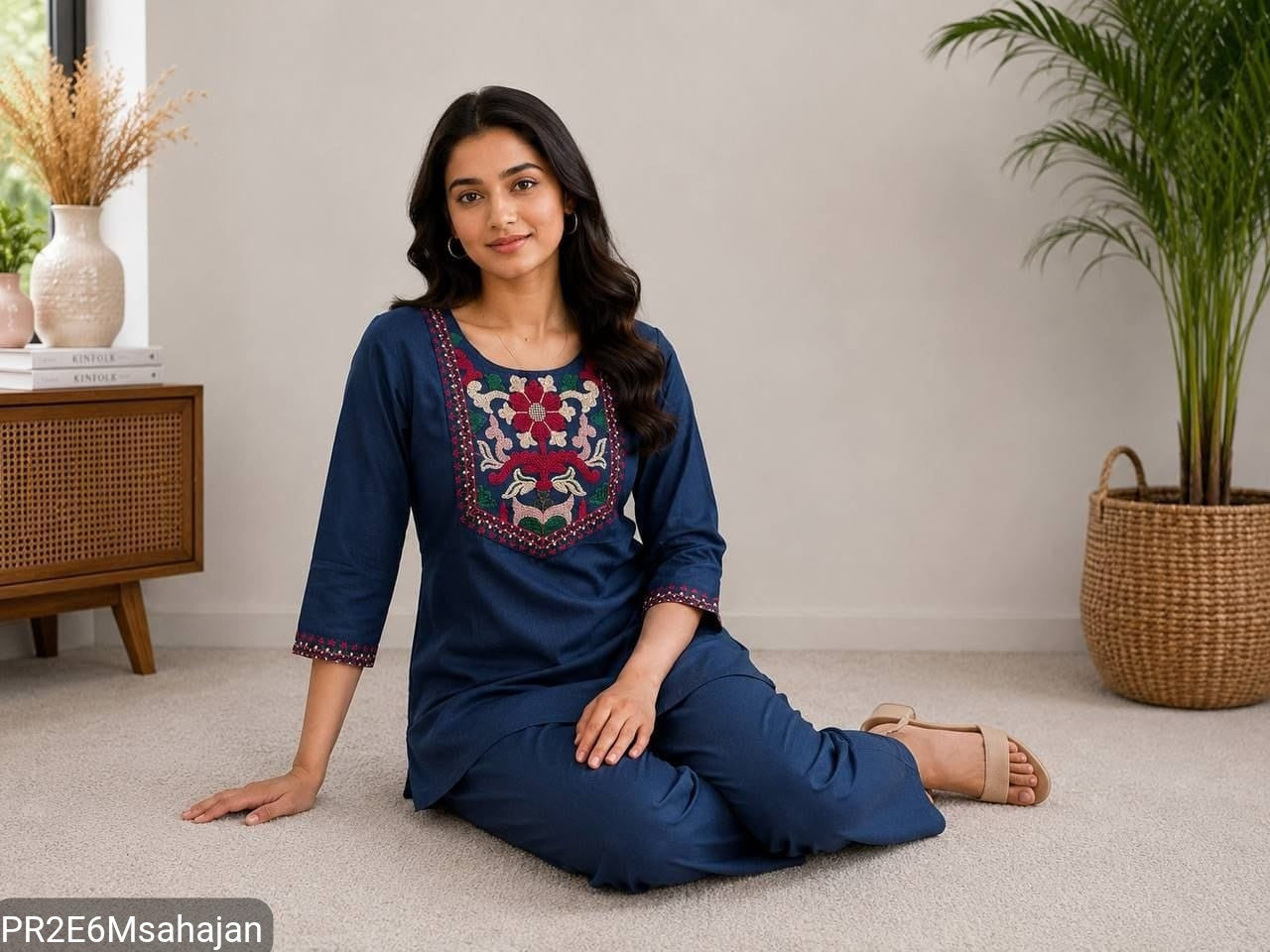 Slub Cotton Embroidered Kurta Pant Set for Women