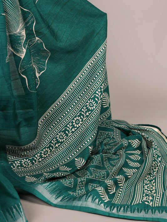 Slub Silk Saree with Floral Print & Zari Border with Blouse