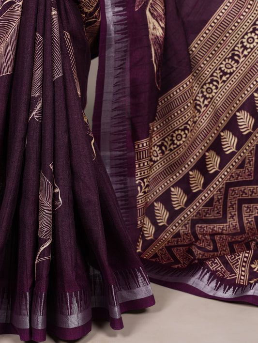 Slub Silk Saree with Floral Print & Zari Border with Blouse