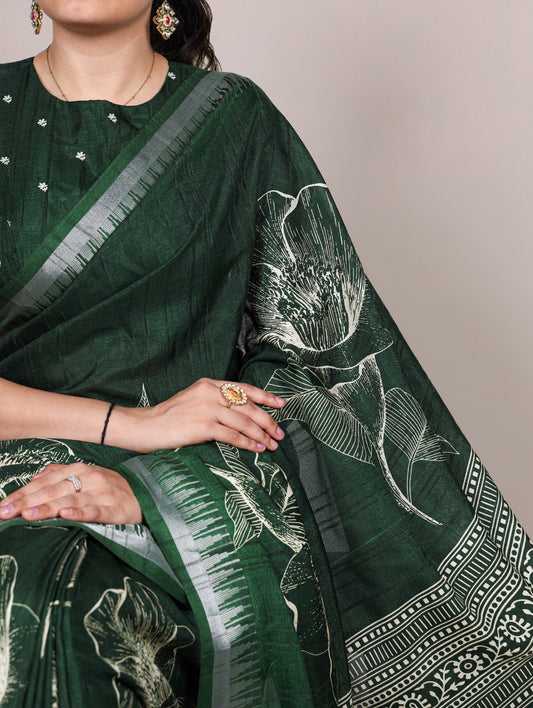 Slub Silk Saree with Floral Print & Zari Border with Blouse