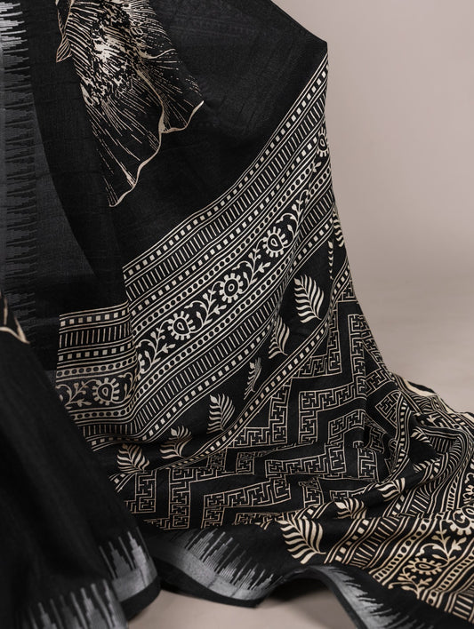 Slub Silk Saree with Floral Print & Zari Border with Blouse