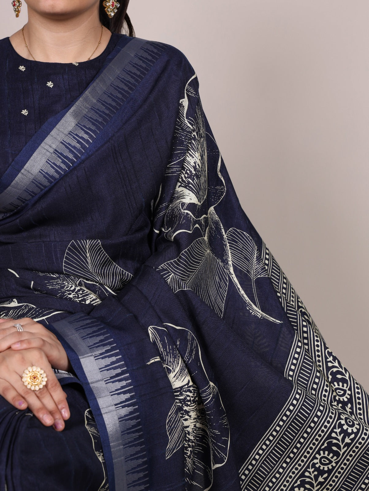 Slub Silk Saree with Floral Print & Zari Border with Blouse