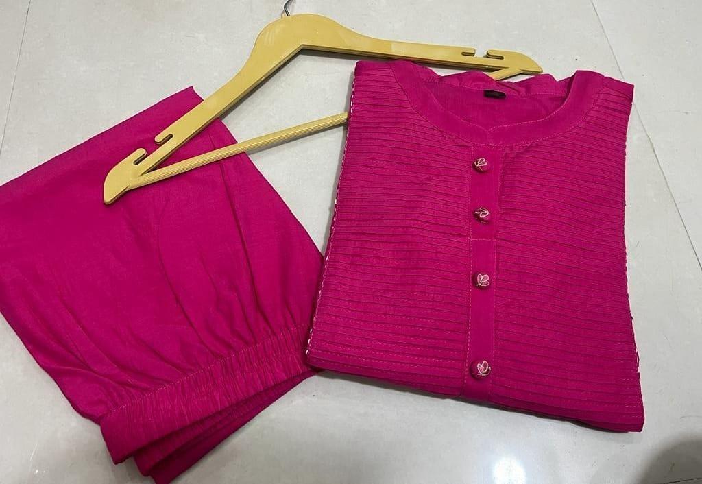 Hot Pink Kurti Pant Set with Embroidery & Pintex Detailing