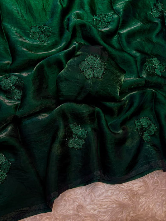 Space Fancy Silk Saree with Beads work & Viscose Thread Embroidered Butti Work