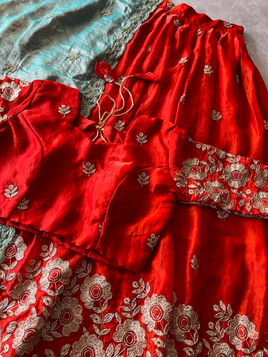 Space Silk Embroidered Stitched Lehenga Choli Set with Scalloped Dupatta