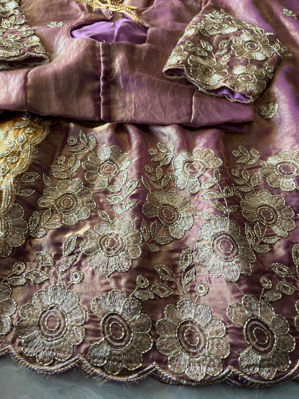 Space Silk Embroidered Stitched Lehenga Choli Set with Scalloped Dupatta