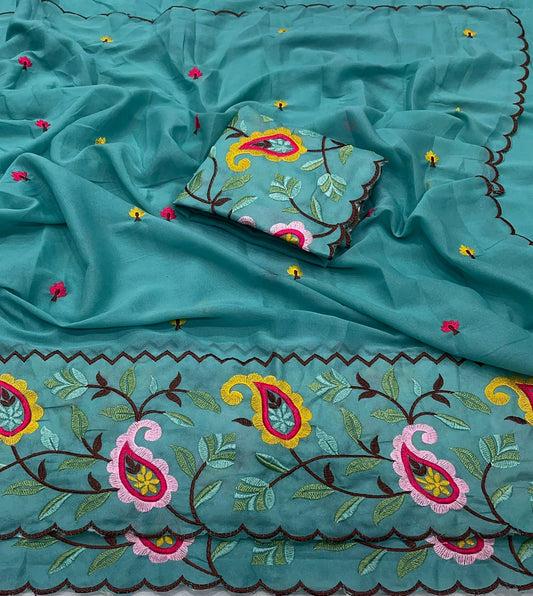 Star Georgette Saree with Embroidered Work and Blouse Piece