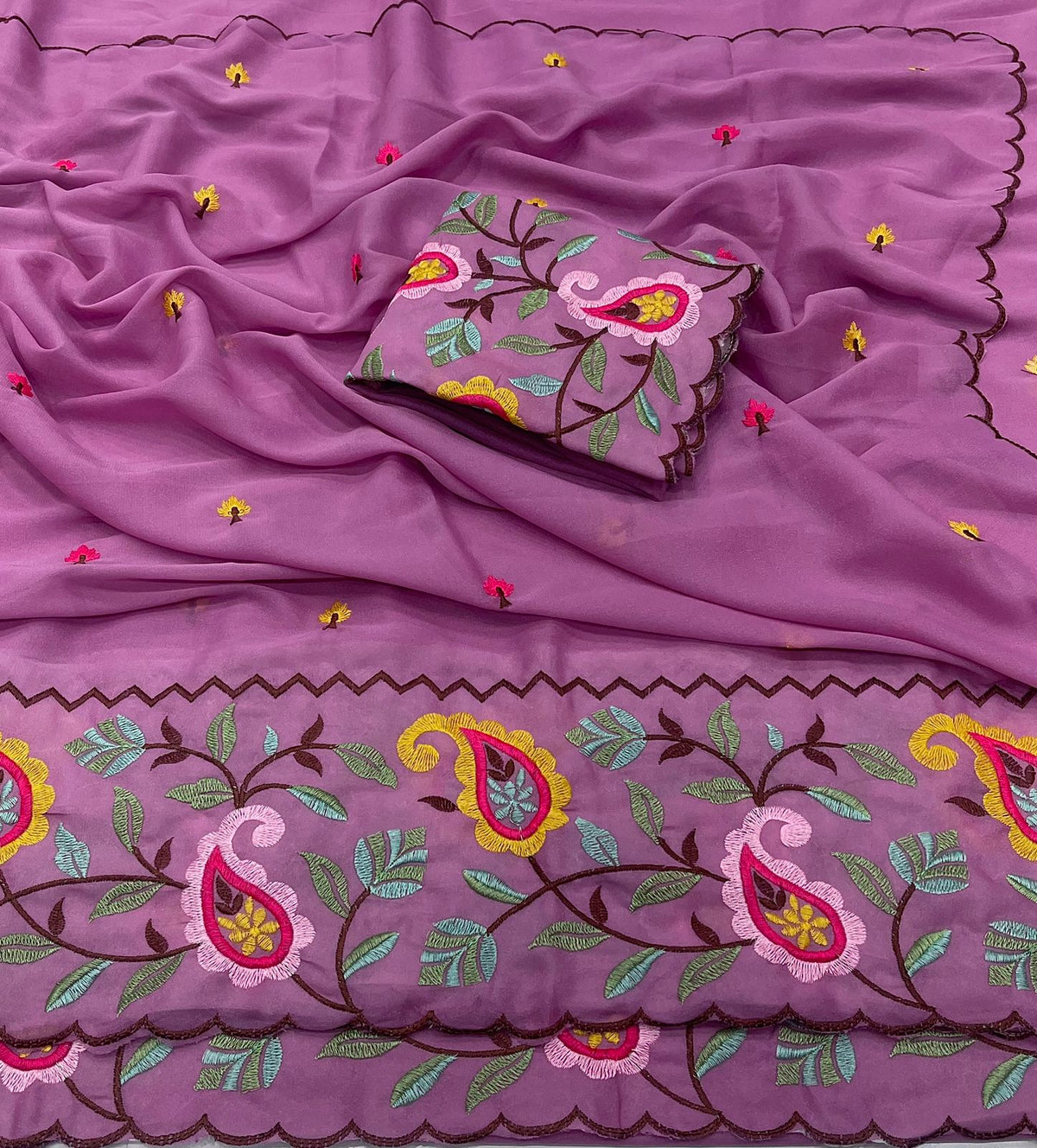 Star Georgette Saree with Embroidered Work and Blouse Piece