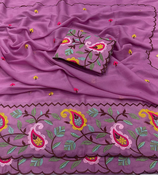 Star Georgette Saree with Embroidered Work and Blouse Piece