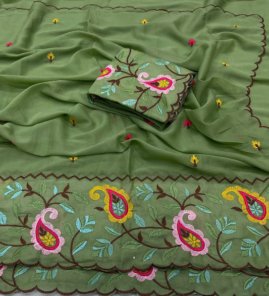 Star Georgette Saree with Embroidered Work and Blouse Piece