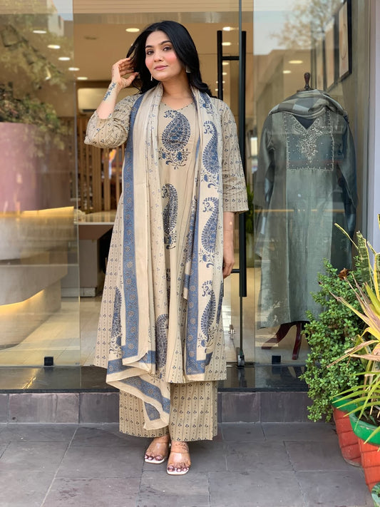Straight Cotton Kurta 3-Piece Set with Printed Dupatta