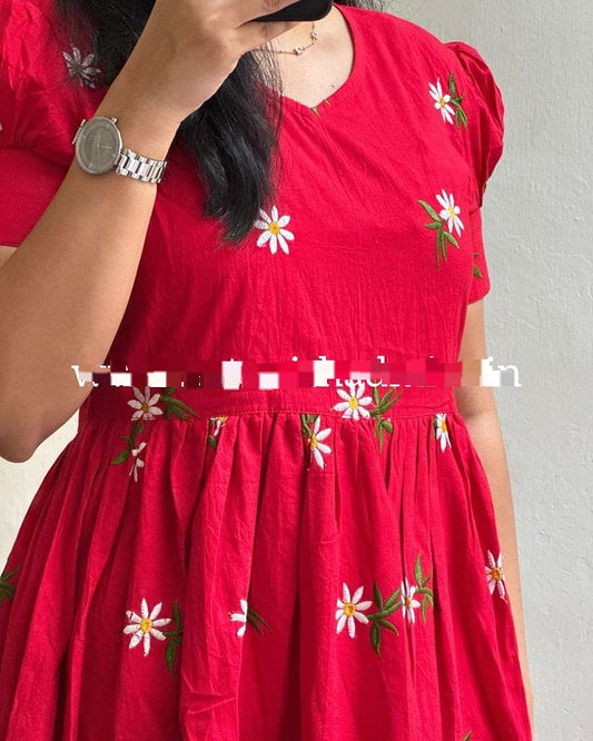 Sunflower Embroidered Cotton Midi Kurti with Puff Sleeves