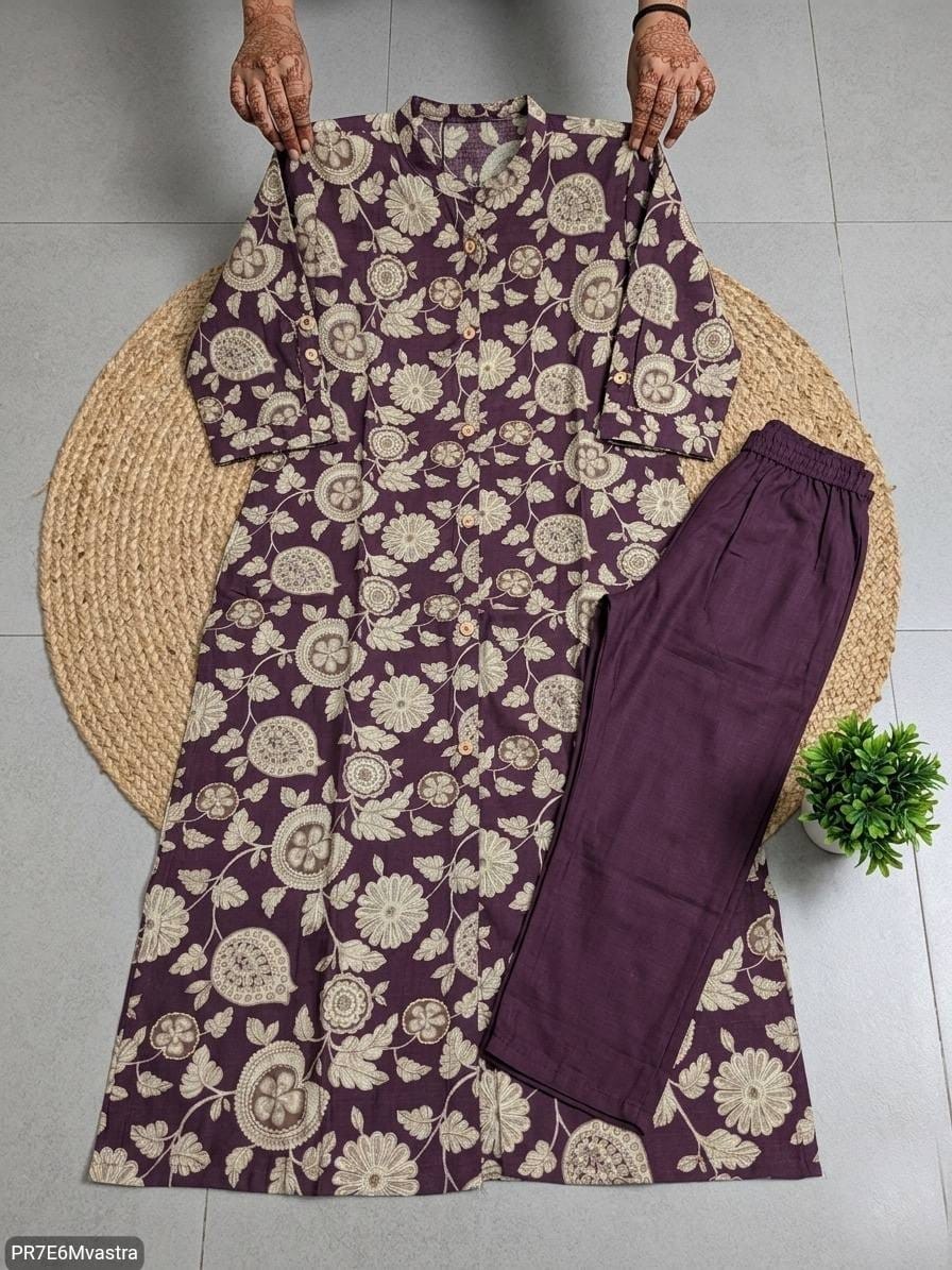 Floral Printed Textured Cotton Kurta Set with Pocket