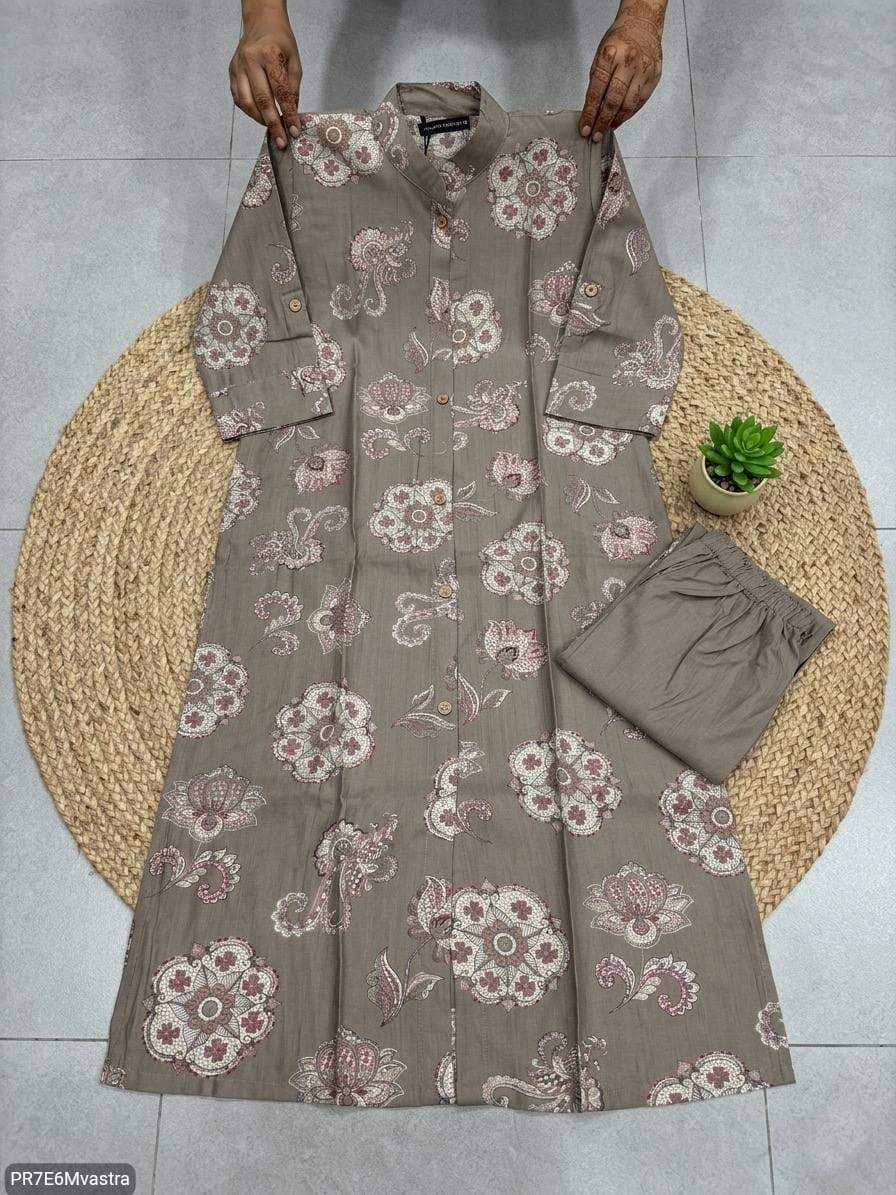 Floral Printed Textured Cotton Kurta Set with Pocket