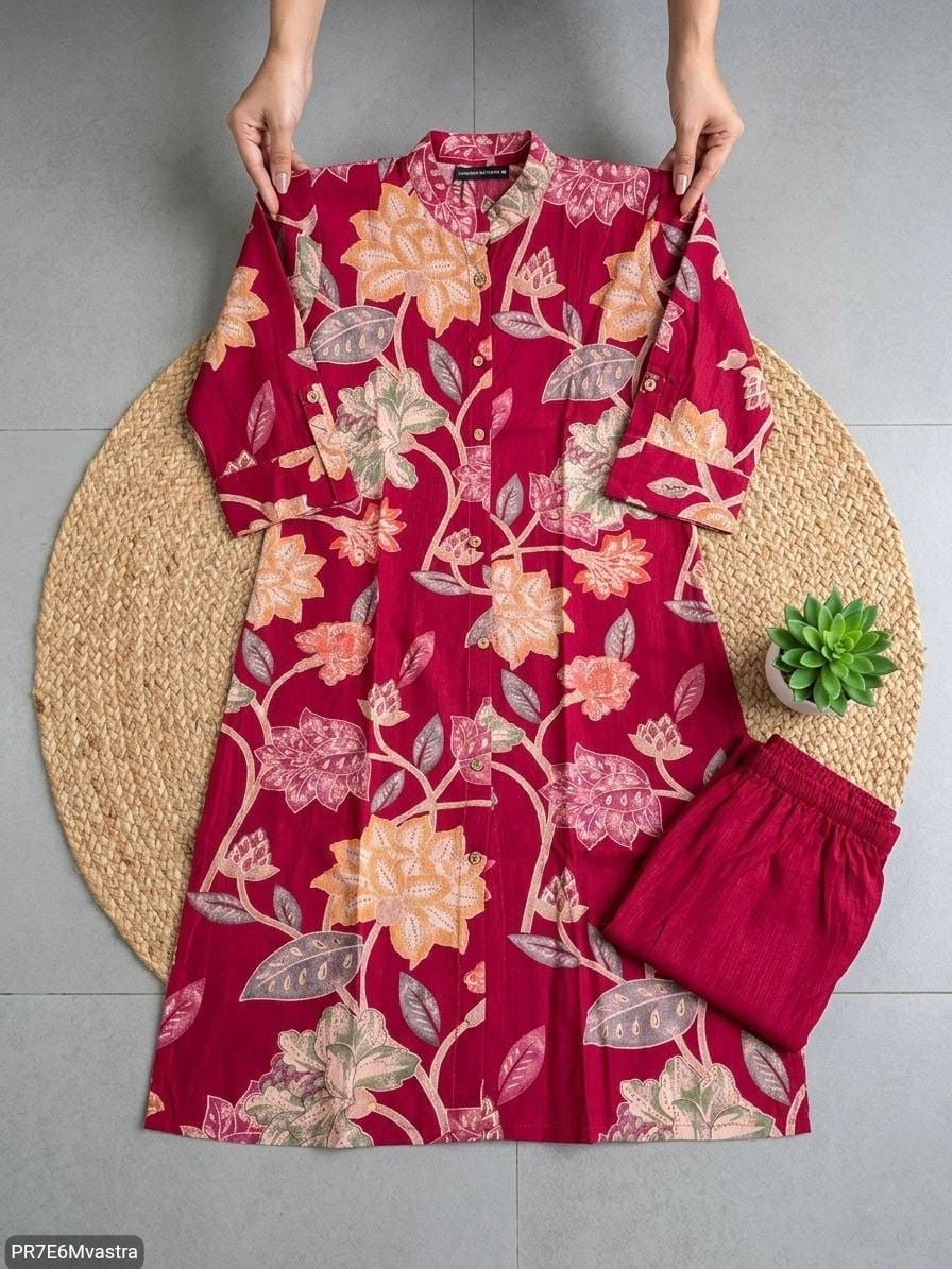 Floral Printed Textured Cotton Kurta Set with Pocket