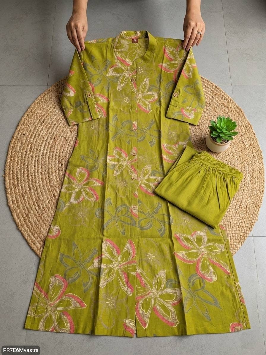 Floral Printed Textured Cotton Kurta Set with Pocket