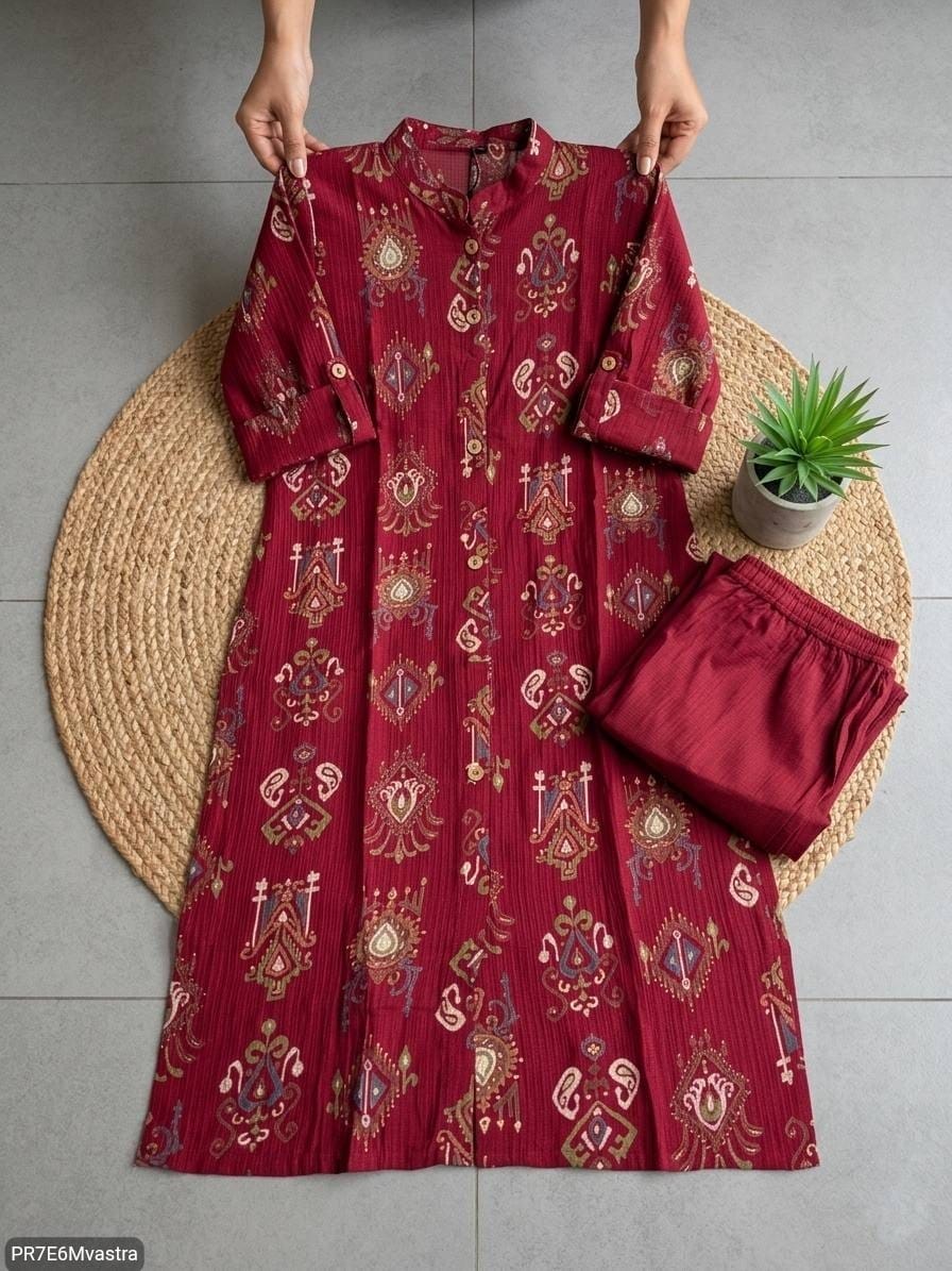 Floral Printed Textured Cotton Kurta Set with Pocket