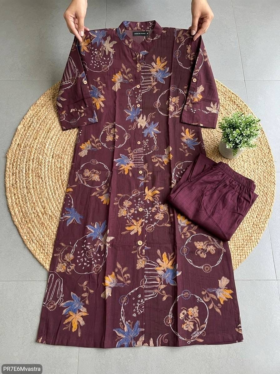 Floral Printed Textured Cotton Kurta Set with Pocket