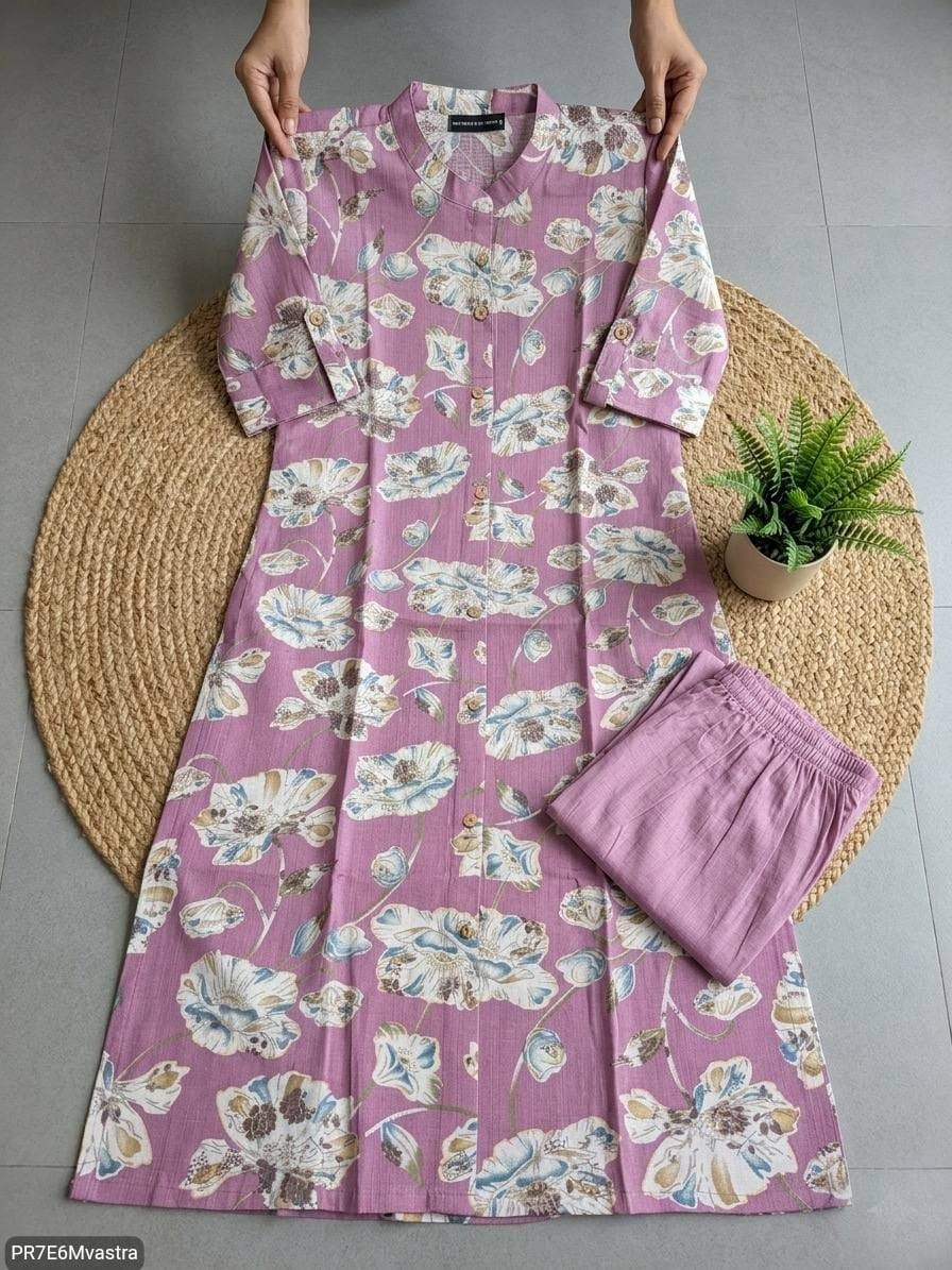 Floral Printed Textured Cotton Kurta Set with Pocket