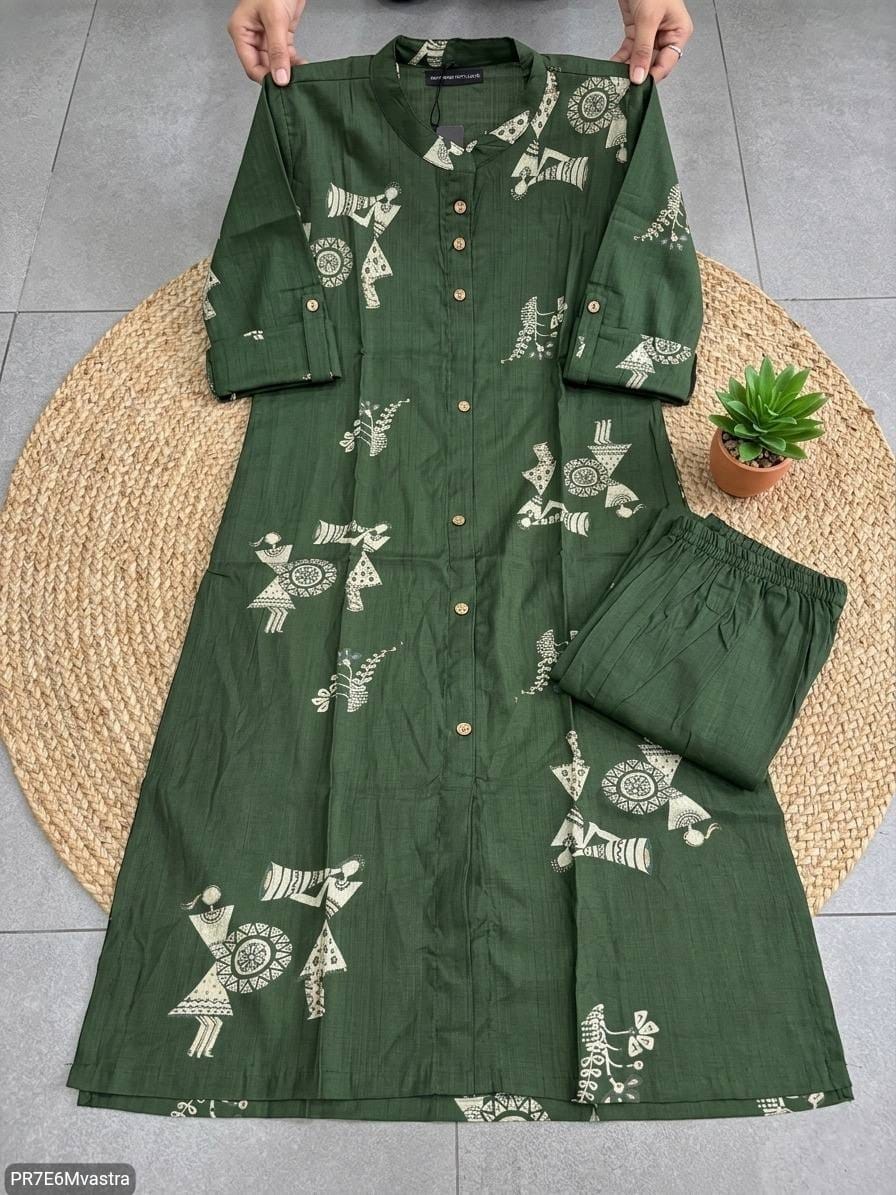 Floral Printed Textured Cotton Kurta Set with Pocket