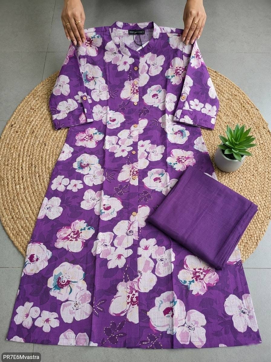 Floral Printed Textured Cotton Kurta Set with Pocket