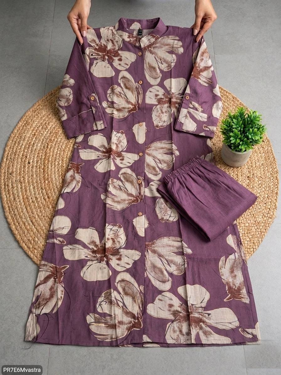 Floral Printed Textured Cotton Kurta Set with Pocket